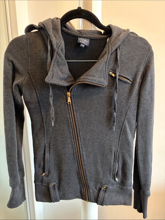 twik Tops - twik Charcoal Gray Hooded Zip Sweatshirt with Gold Hardware